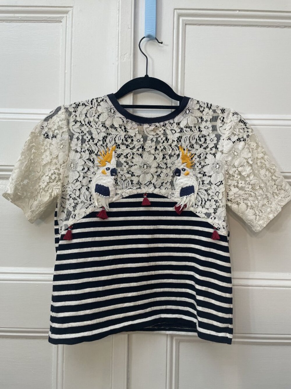 Anthropologie Betina Short Sleeve Striped Lace Top with Birds sz XS